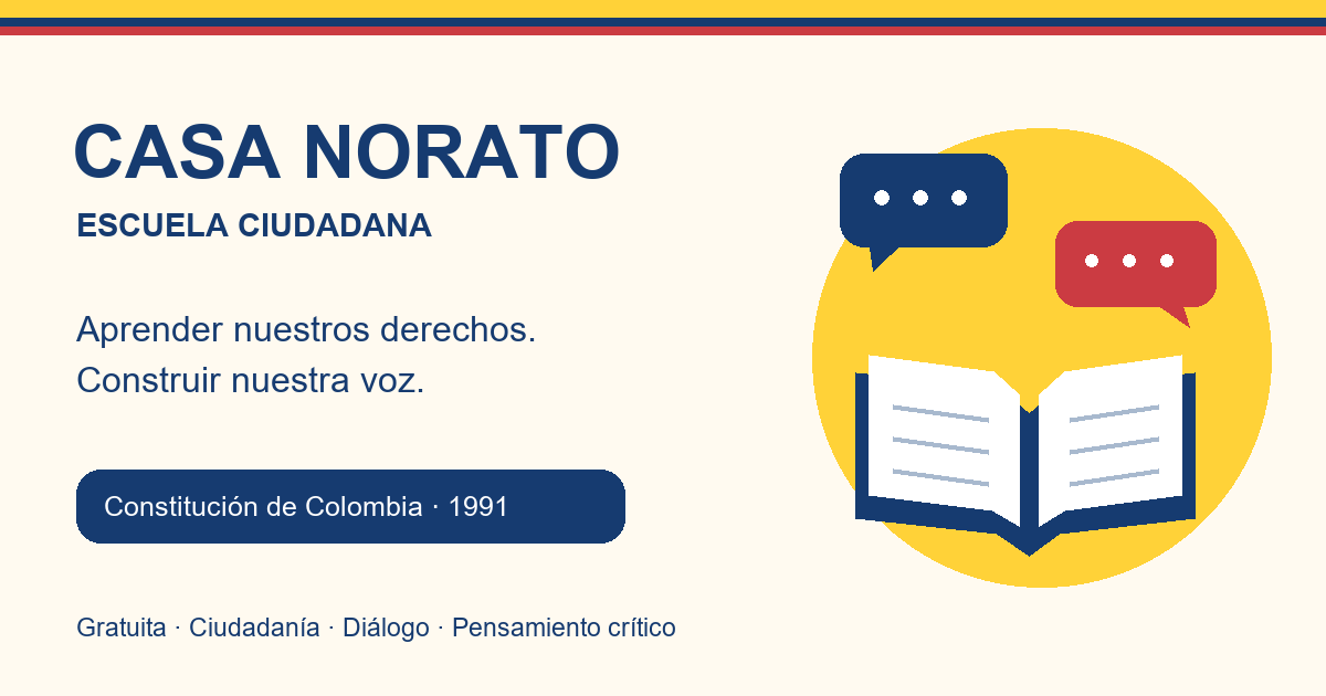 Portada ilustrada de Casa Norato Escuela Ciudadana, con un libro y globos de diálogo.